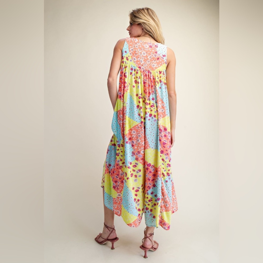 #91 easel Yellow, Blue & Coral Patchwork Floral Maxi Jumpsuit - Picture 3 of 3